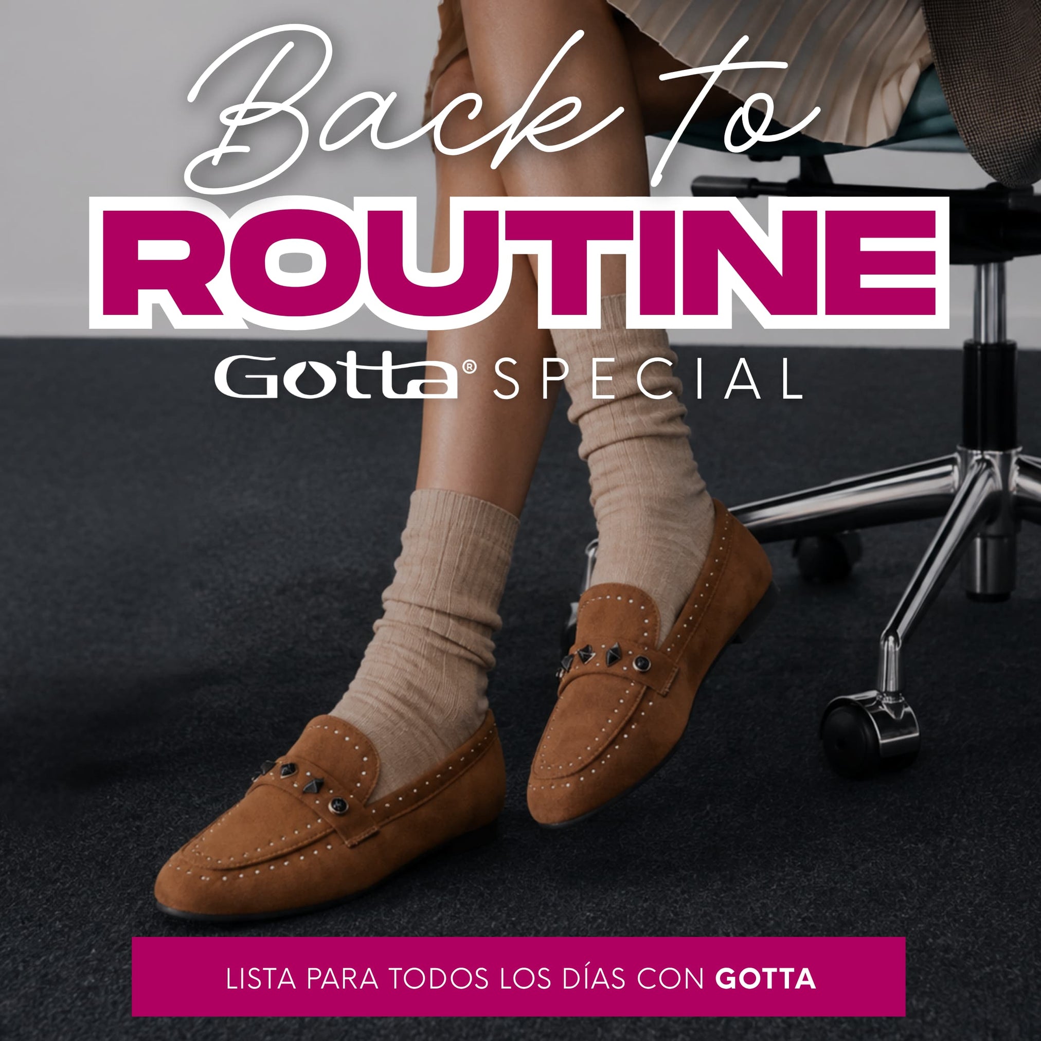 Campaña Back to Routine de Gotta con mocasines café para mujer, ideales para oficina, colegio y universidad. Descubre zapatos, botas y tenis para completar tus looks de regreso a la rutina.
