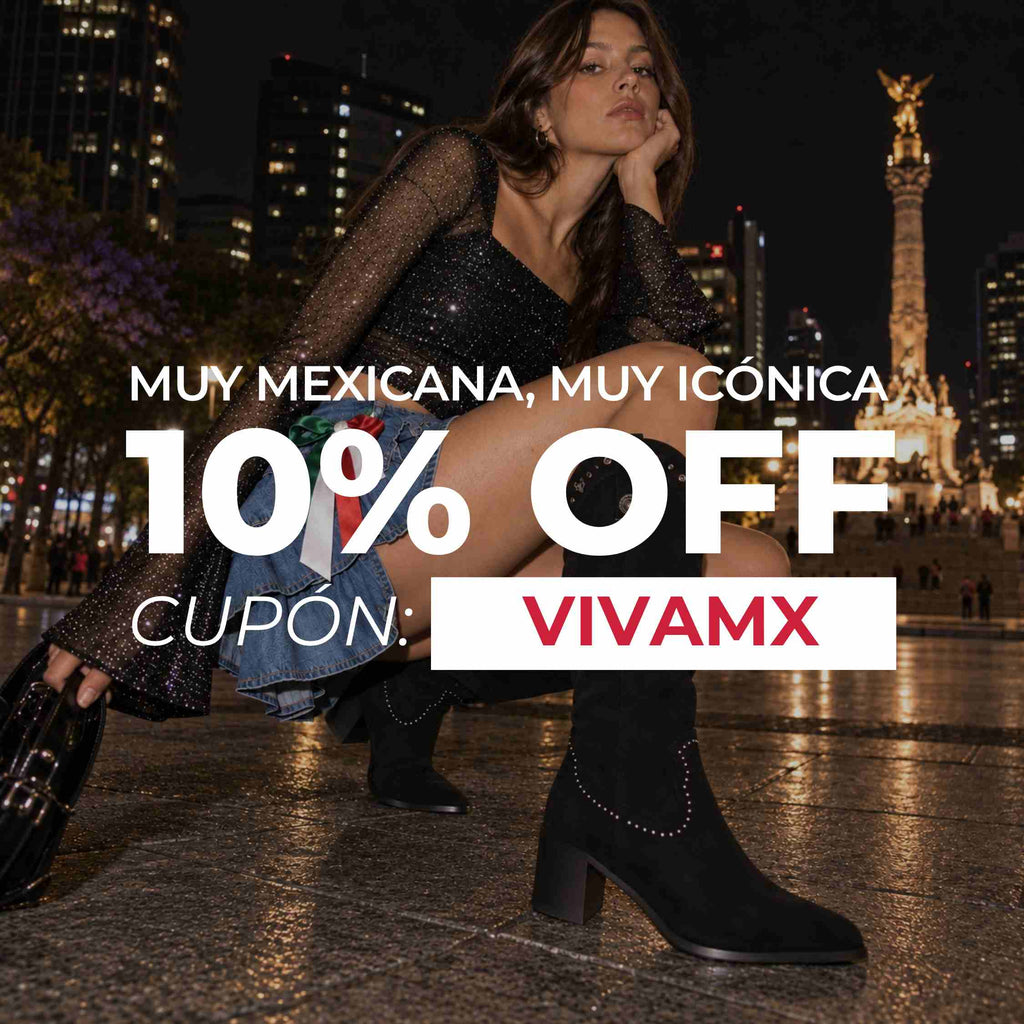 Modelo con botas negras Gotta en Ciudad de México durante Fiestas Patrias, promoción de 10% OFF con cupón VIVAMX mobile