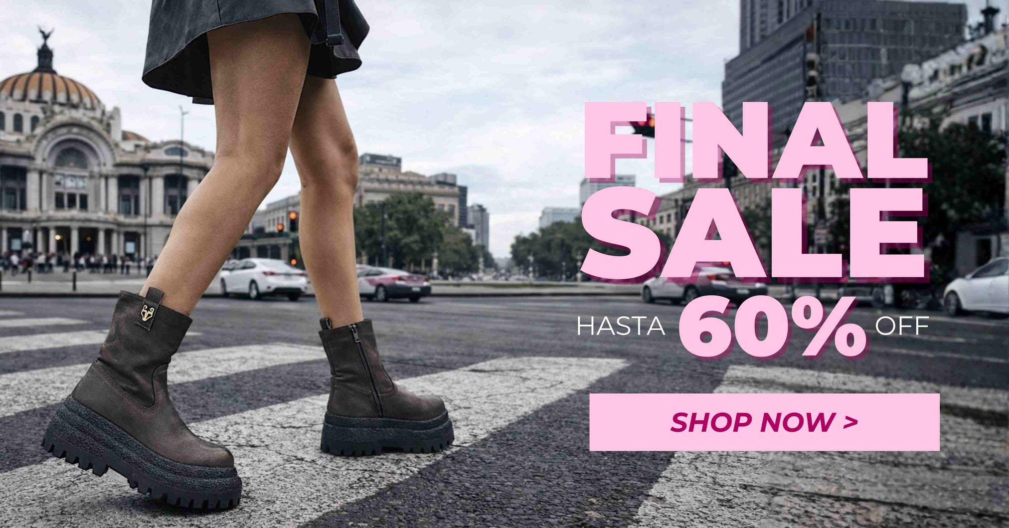 Banner Final Sale Winter en México con botas de mujer en promoción hasta 60% de descuento.