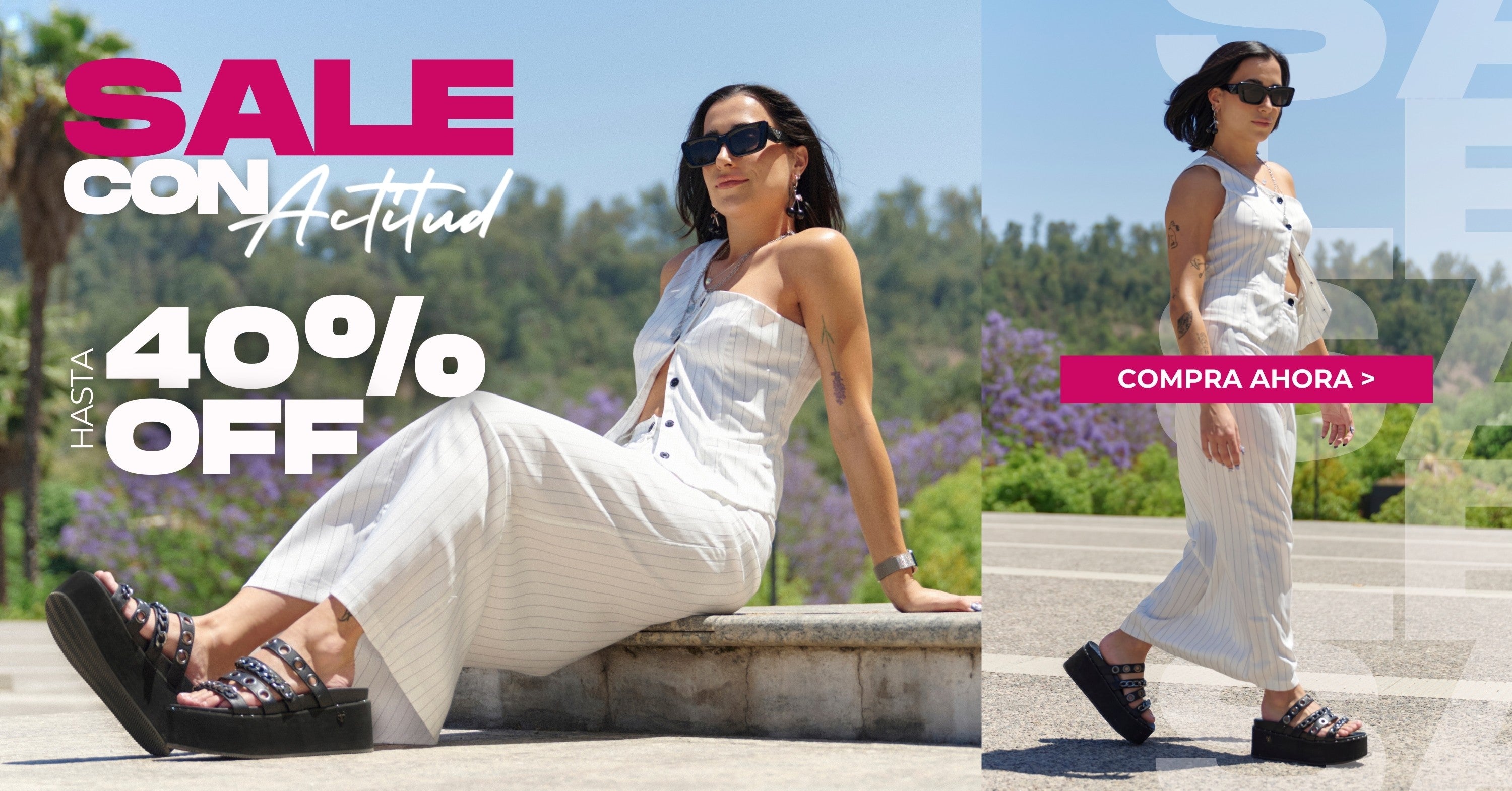 Banner desktop de rebajas de verano 2025 en tenis, zapatos y sandalias para mujer con hasta 40 % de descuento
