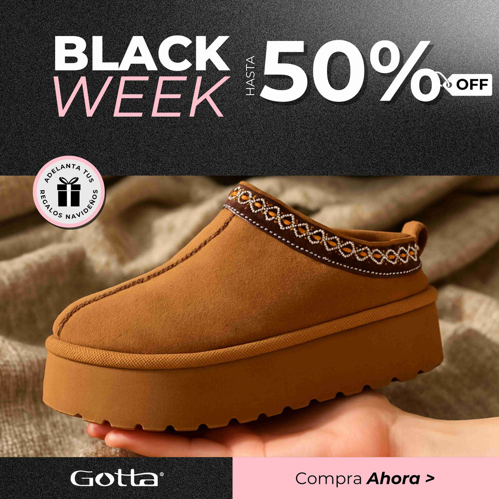 Promoción Black Week de Gotta con hasta 50% de descuento en zapatillas estilo invierno color camel.