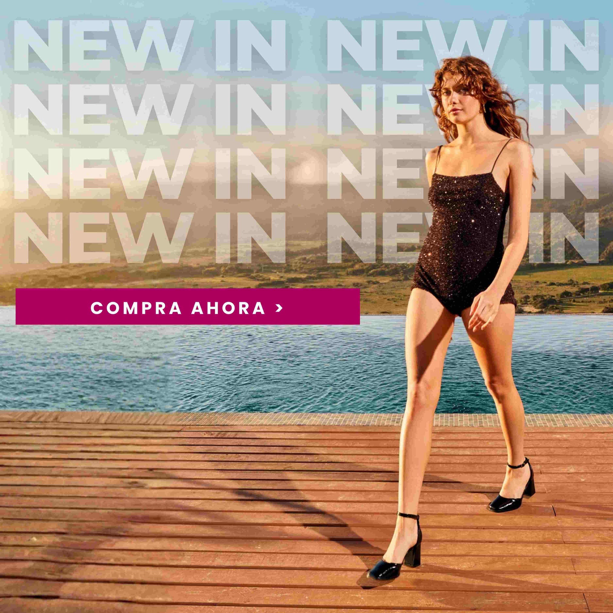 Modelo con vestido negro de lentejuelas de la nueva colección mujer México 2026 caminando frente a lago con texto New In y botón Compra Ahora.