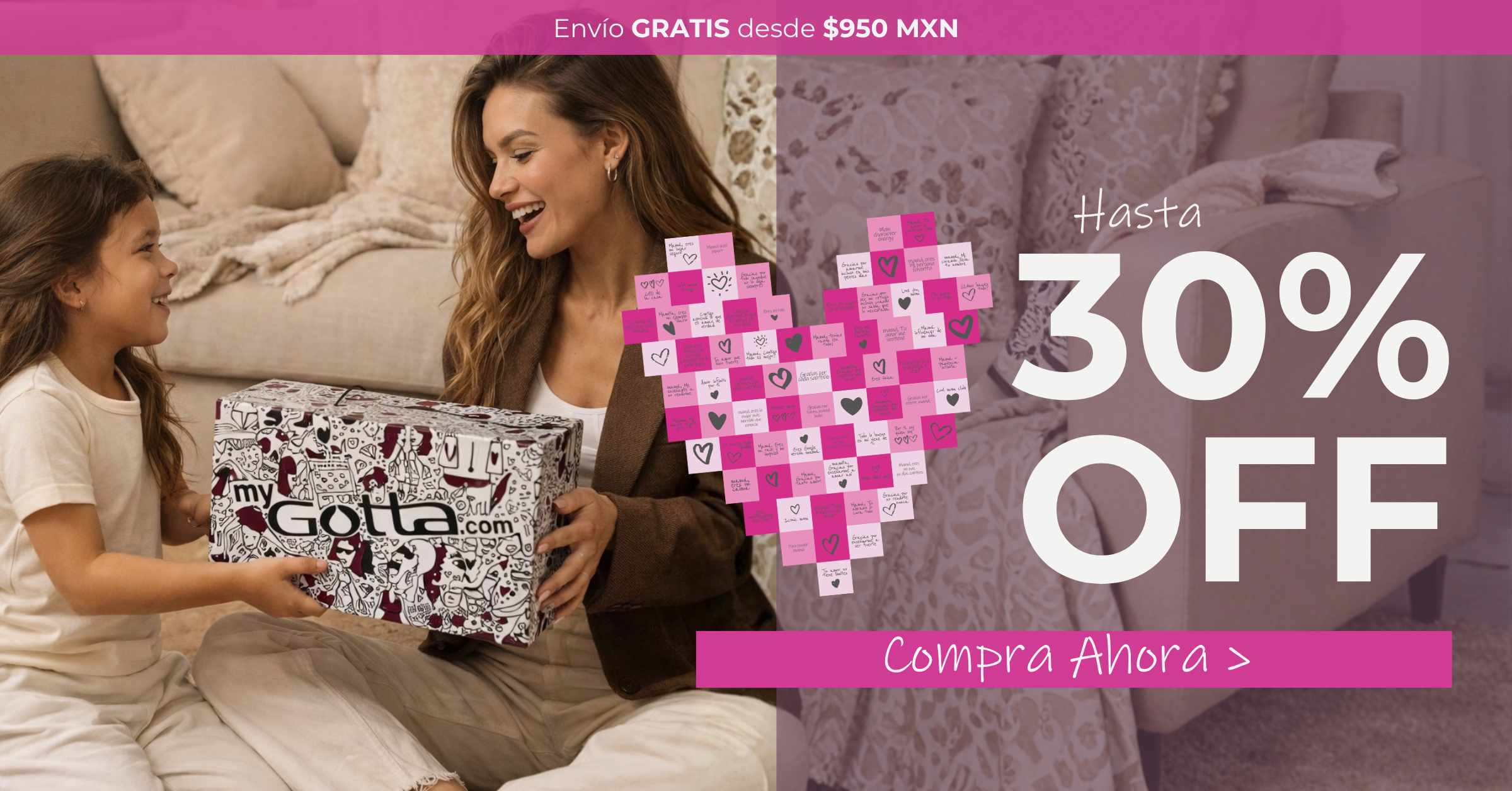 Hija entregando regalo a su mamá con caja de Gotta México, ofertas del Día de las Madres hasta 30% de descuento