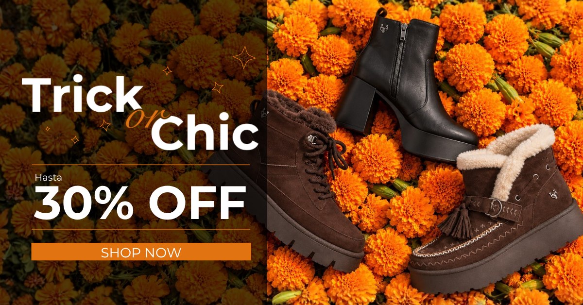 Botas y botines para mujer Gotta en tonos negro y café sobre flores de cempasúchil naranja. Colección Trick or Chic de Halloween con hasta 30% OFF.