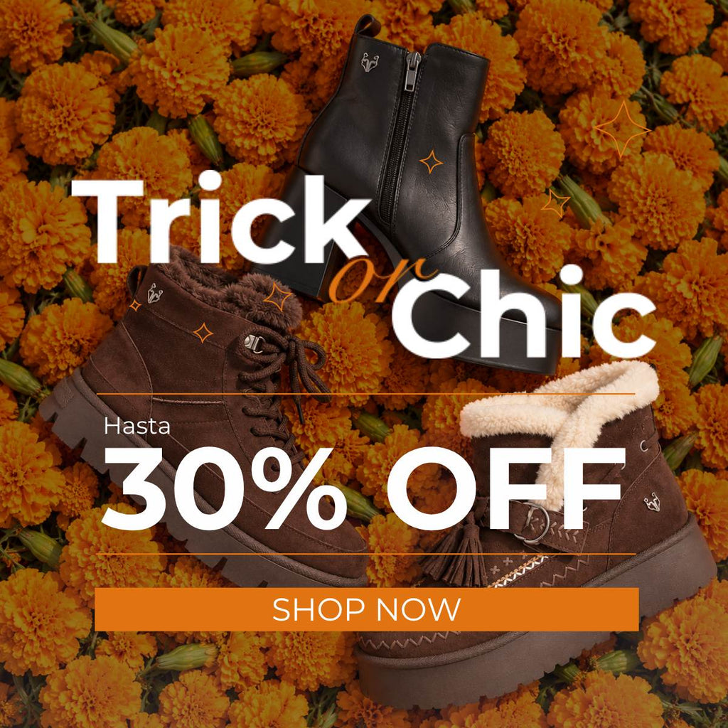 Botas y botines para mujer Gotta en tonos negro y café sobre flores de cempasúchil naranja. Colección Trick or Chic de Halloween con hasta 30% OFF.